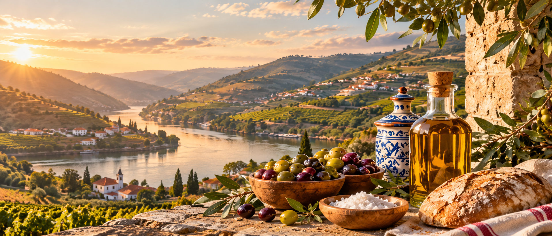 Table portugaise avec huile d'olive, pain et paysage du Douro