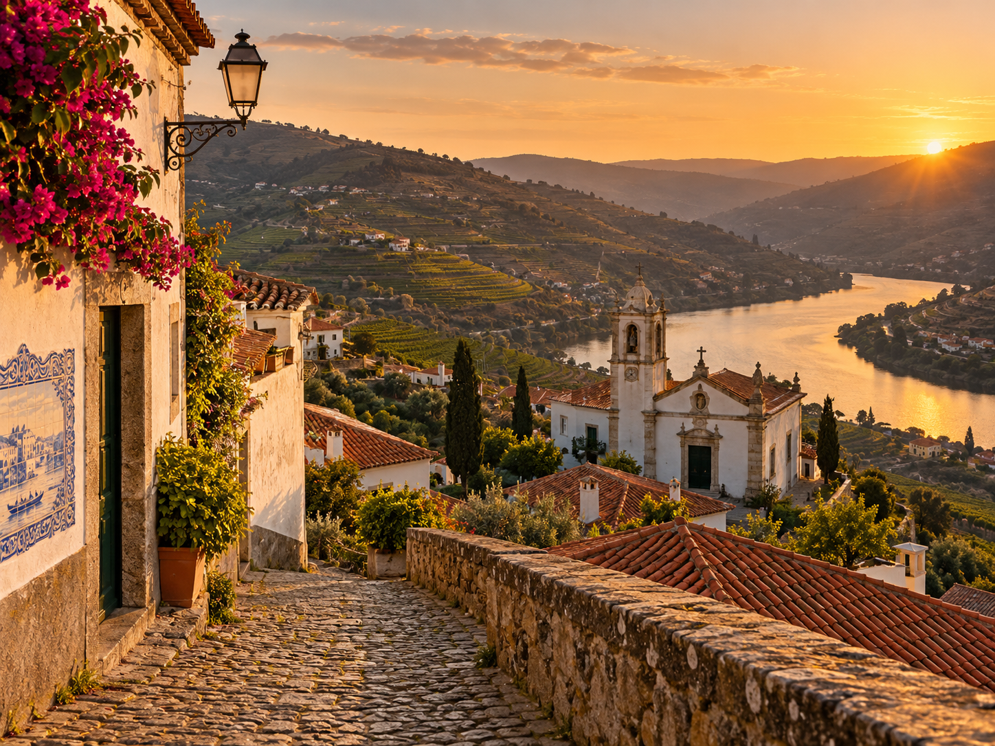 Village portugais sur le Douro au coucher du soleil