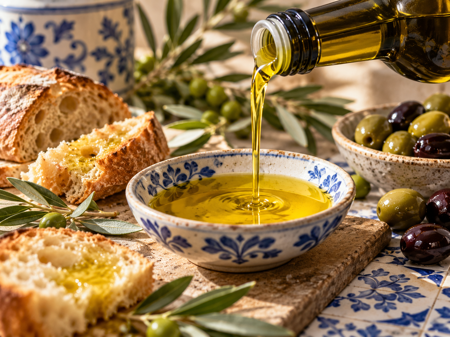 Huile d'olive portugaise versée dans un bol en céramique