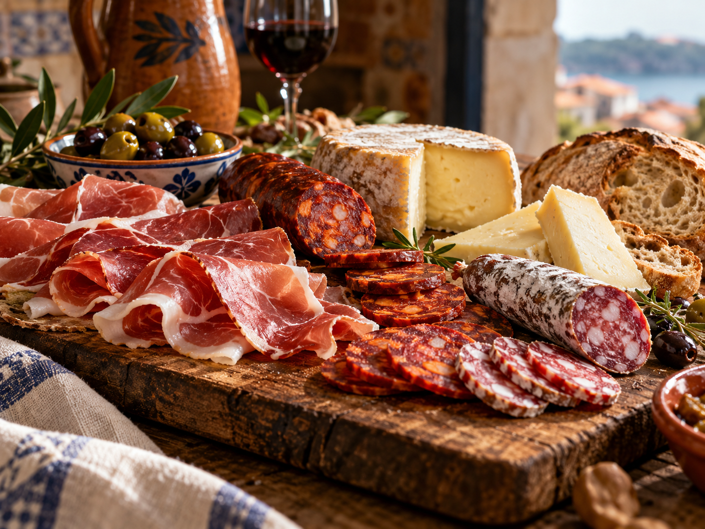 Charcuteries et fromages portugais sur planche rustique