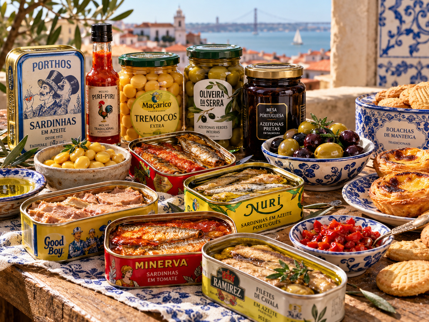 Épicerie portugaise avec sardines, tremoços, olives et douceurs