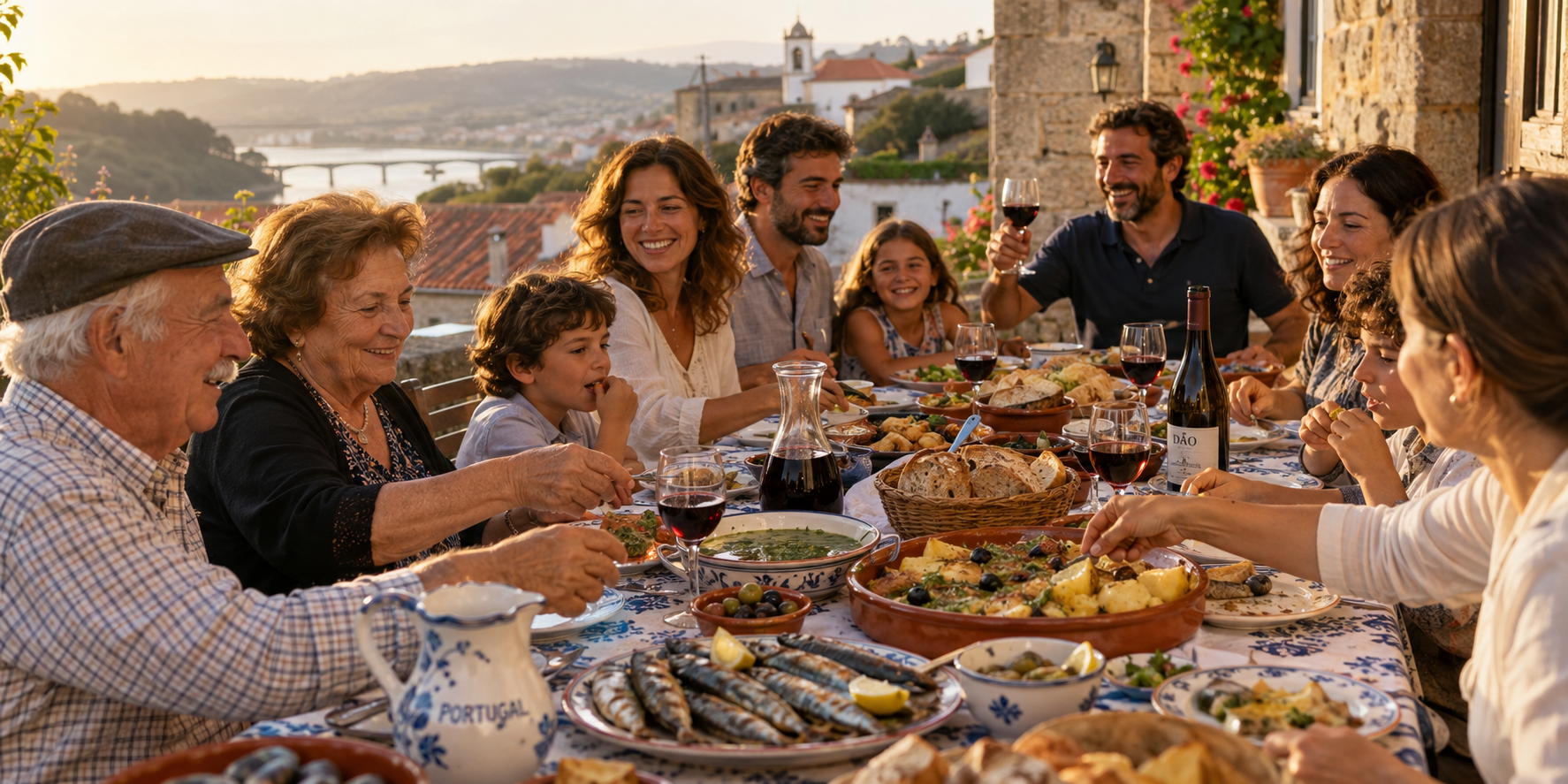 Repas portugais en famille avec grands-parents, parents et enfants